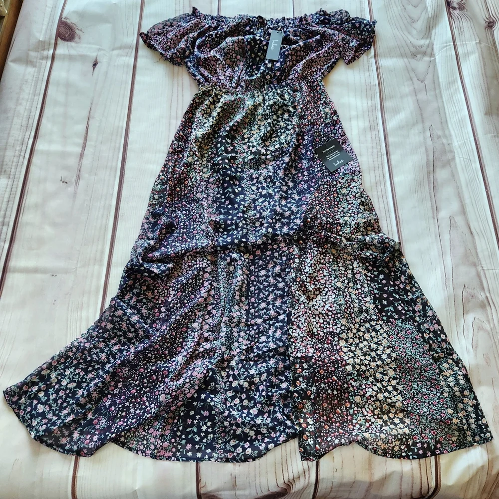 NWT Lulus "Neva Navy Blue Floral Print Off-the-Shoulder Maxi Dress" Size Small - Picture 2 of 10
